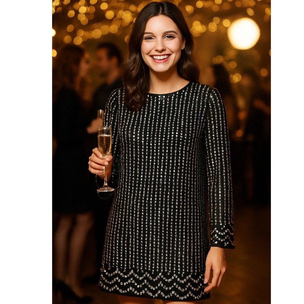 Michael Kors Black Sheath Dress Womens Small Long Sleeve Silver Metallic Goth